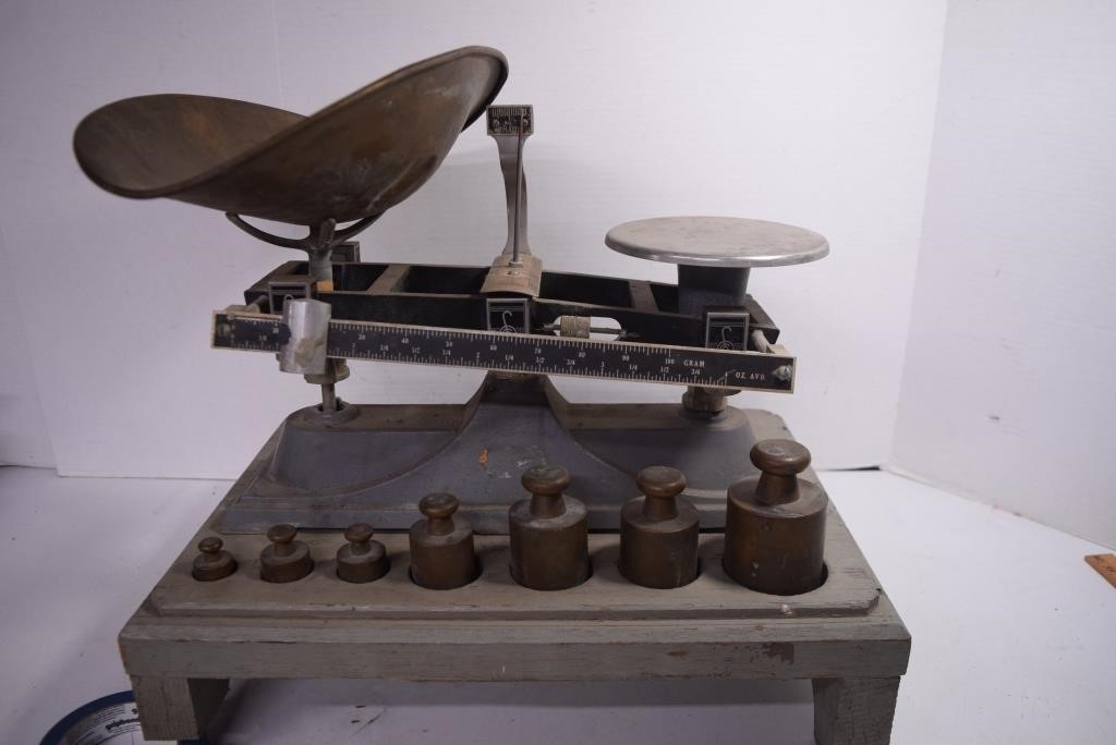 Vintage Scale w/ Weights,Mounted On Table (Missing