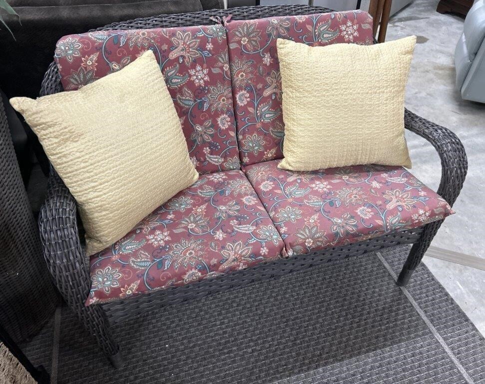 Resin Rattan Patio Loveseat with Floral Cushions