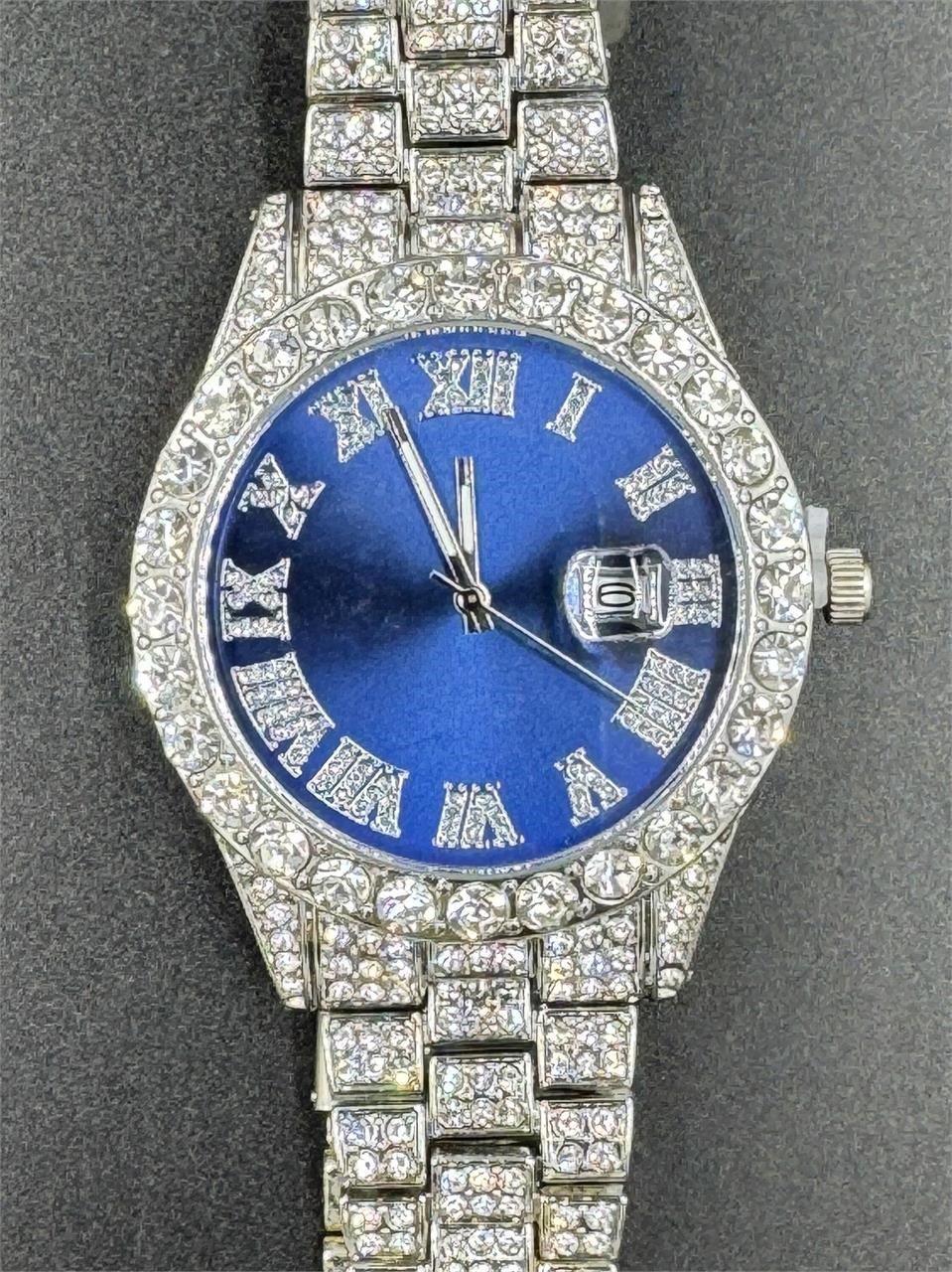 White Sapphire & White Gold Blue Face Watch