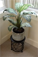 DECORATIVE METAL PLANT STAND, POTTERY PLANTER, GRE