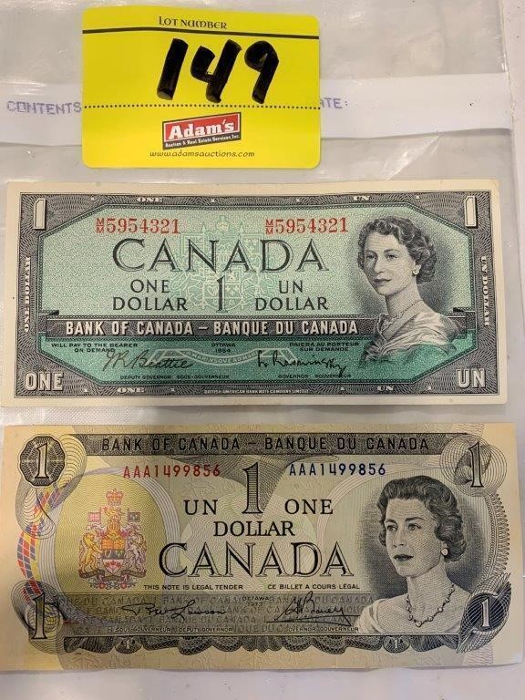 (2) CANADIAN 1 DOLLAR BILLS...1954, 1973