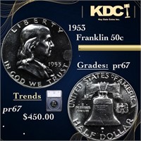 Proof 1953 Franklin Half Dollar 50c Graded pr67 BY