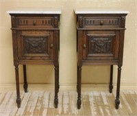 Henri II Style Marble Top Oak Side Cabinets.