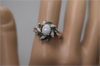 Sterling Opal & Emerald Ring  Sz 8-1/4
