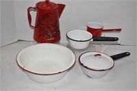 Six Enamelware Coffee Pot and Cookware