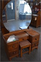 Vintage Vanity with Round Mirror and Stool. READ