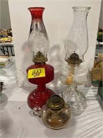 GROUP OF 3 GLASS OIL / KEROSENE LAMPS