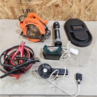 Booster Cables, Skilsaw, welding mask, etc.