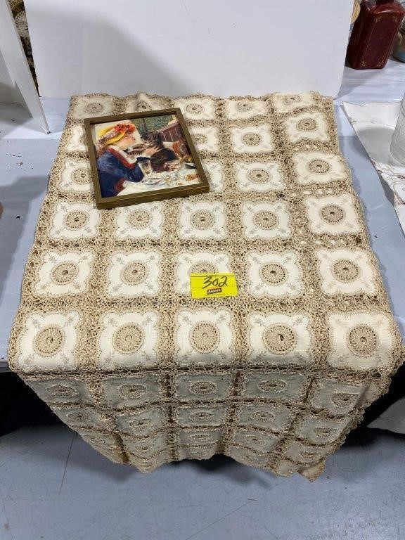 NICE ANTIQUE DOILY STYLE TABLECLOTH, FRAMED WALL