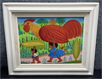 Red Rooster Signed Art Framed in White Wood Style