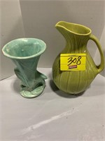 MCCOY MARKED BLUE POTTERY VASE, GREEN GLAZED