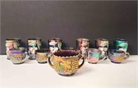 Carnival Glass Tea Cups, Glasses and Sugar bowl