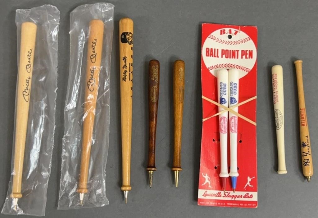 9pc 1940s-80s Baseball Bat Pens & Pencils
