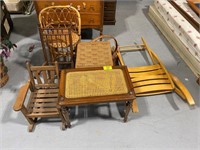 CANE TOP TABLE, WOODEN CHILD CHAIRS, FOLDING