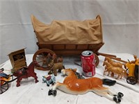 Toy lot - wood wagon, plastic Wells Fargo Wagon,