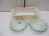 Fire King Baking Dish and Green Glass Bowls