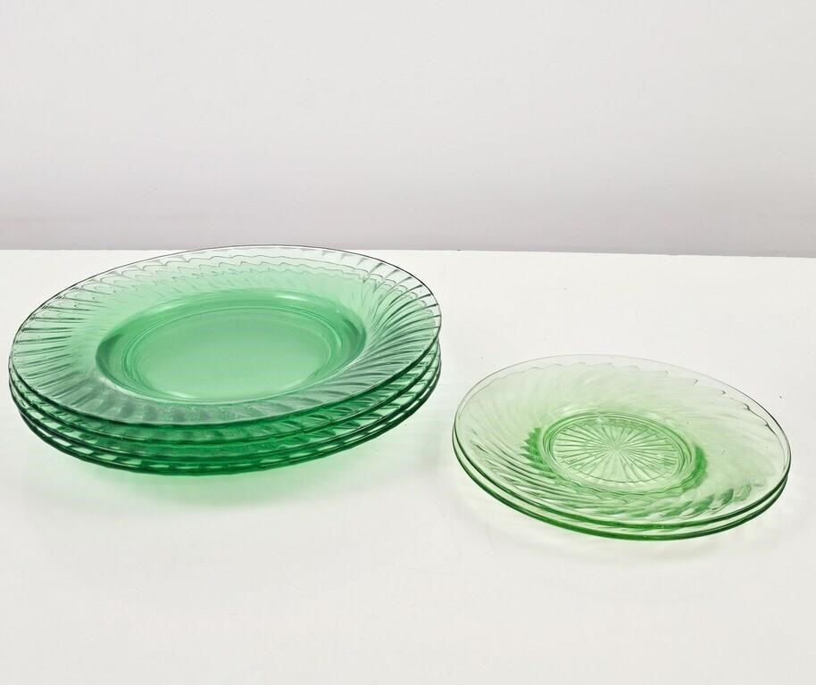Green Glass Plates Set of Four with Two Saucers