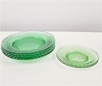 Green Glass Plates Set of Four with Two Saucers