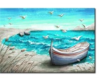 KLVOS Blue Ocean Beach Canvas Wall Art Sea Boat
