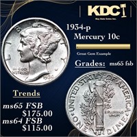 1934-p Mercury Dime 10c Grades GEM FSB