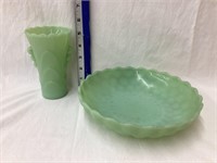 Jadeite Glass Bubble Dish, 8” Diameter & Vase