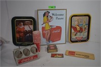 Vintage Coca Cola Carrier, Trays, Sign & More