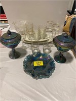 BLUE CARNIVAL GLASS DISH & COVERED CANDY JARS,