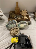 GROUP OF SEASHELLS, BINOCULARS PAIT, QUARTZ ROCK