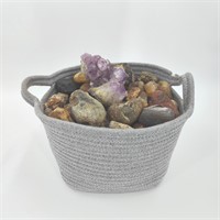 Basket of Rocks, Agates, and Amethyst Clusters