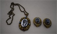 West Germany Mourning Cameo Necklace & Earrings