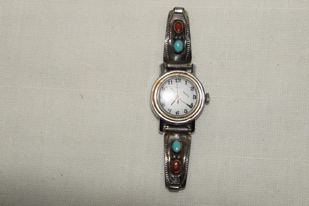 Timex Watch w/ Sterling Tips, Turquoise & Coral