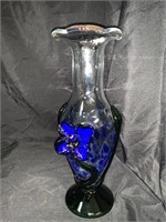 13.5 “ ART GLASS VASE W/ BLUE FLOWER