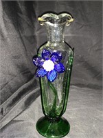 9.75 “ ART GLASS VASE W/ BLUE FLOWER