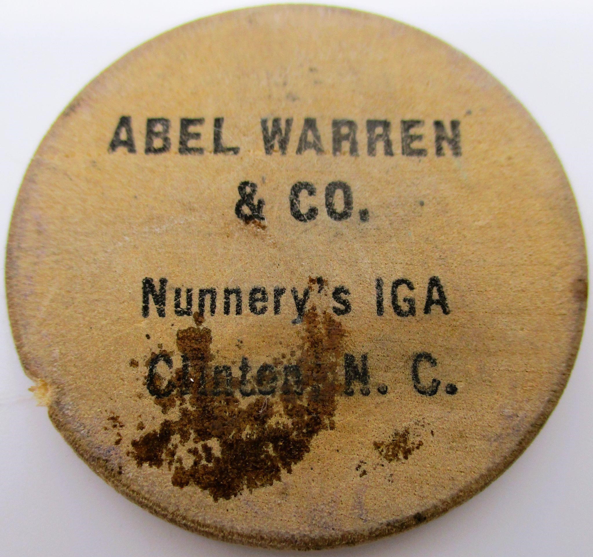Abel Warren Co. Clinton NC Wooden Token