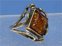 Sterling & Amber Ring Size 7.5