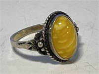 Sterling & Butterscotch Amber Ring Size 5.5