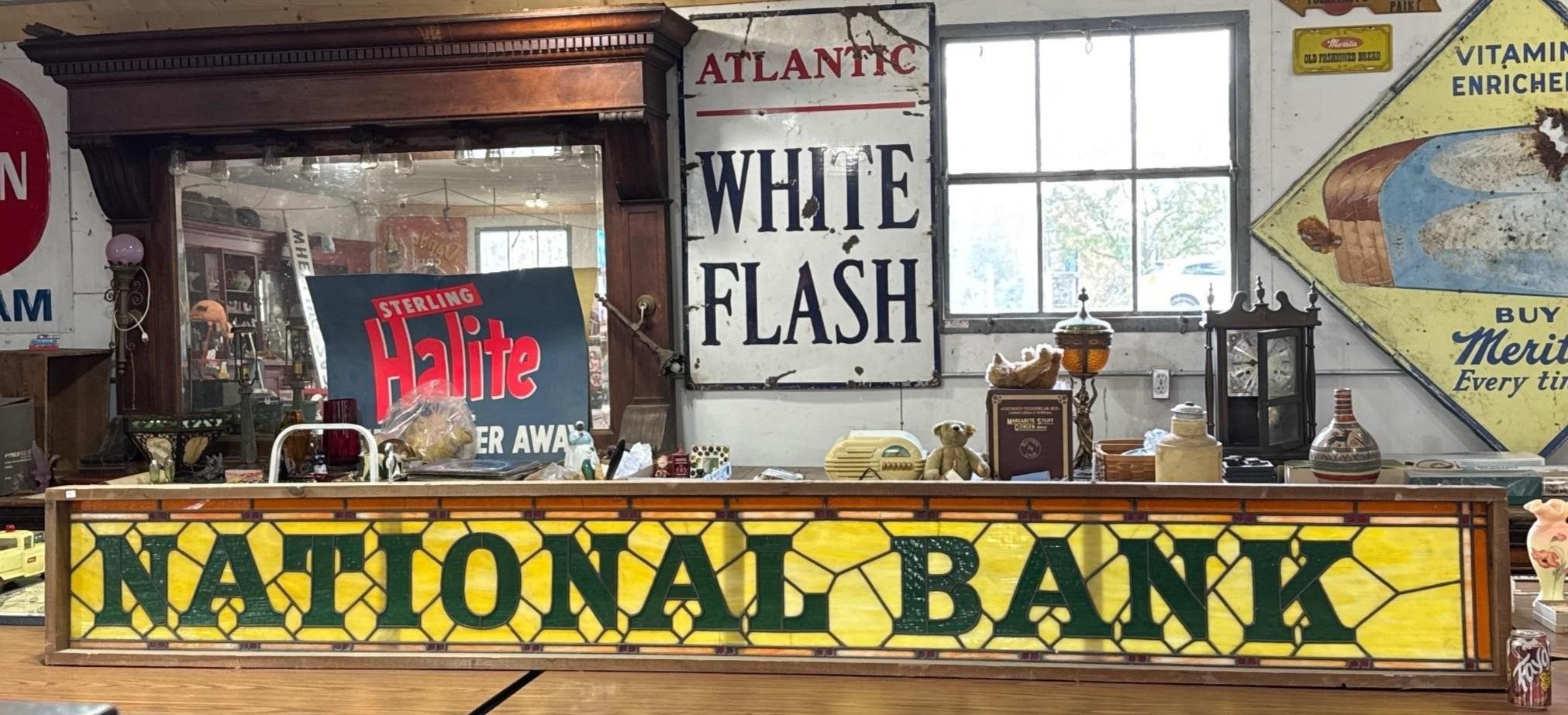 106X13 IN NATIONAL BANK ANTIQUE STAINED GLASS SIGN