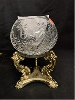 4 “ CRYSTAL ROSE BOWL ON BRASS STAND
