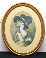 Vintage Framed Lady with Rose Oval Print