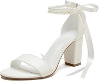 Women's Open Toe Block Heels Pearls Wedding Sandal