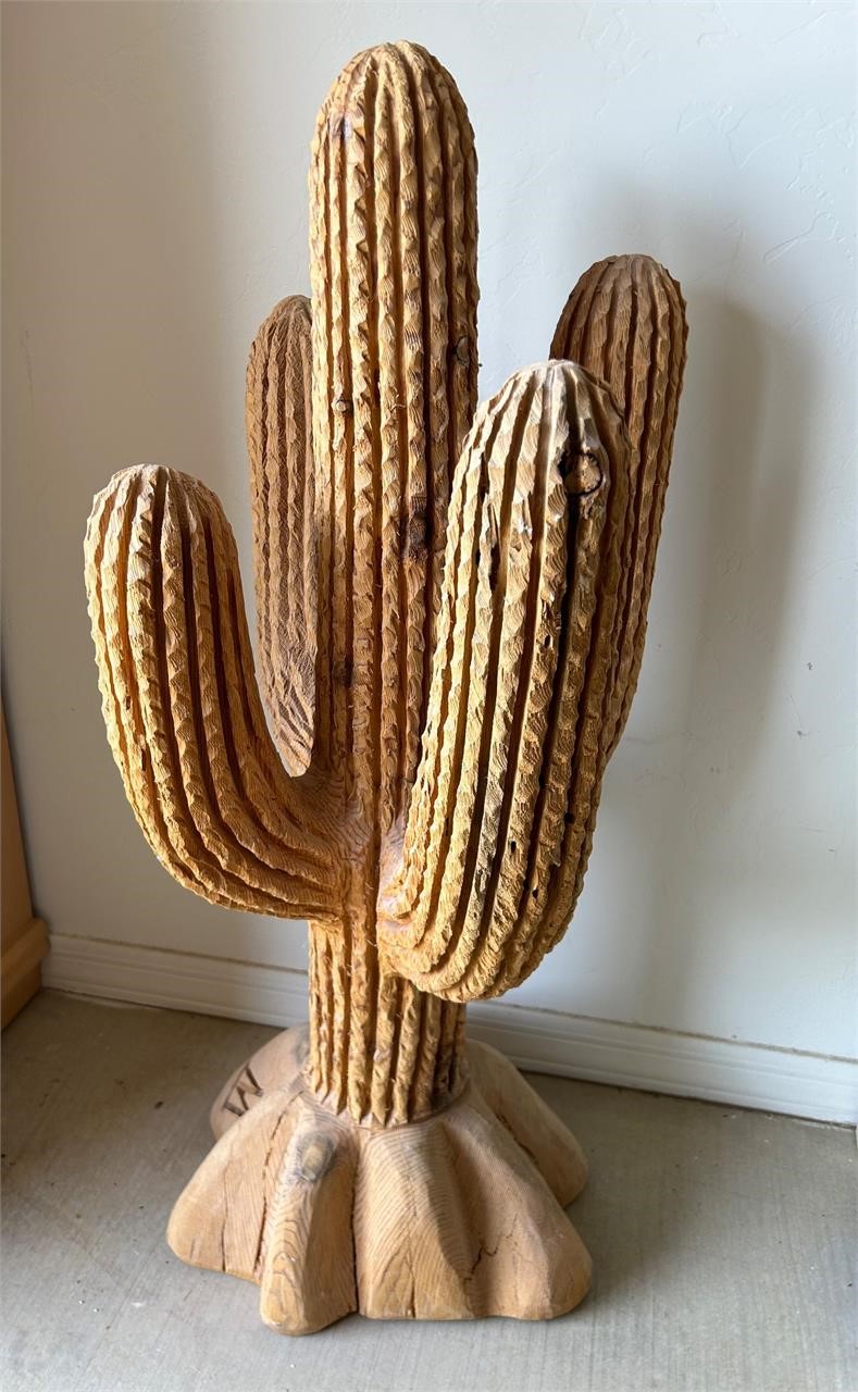 Large Wood Carved Cactus Sculpture