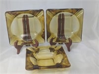 Set Of 3 Vintage Amber Glass Ashtrays 5.75"x5.75"