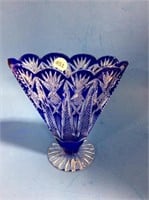 Cobalt Blue / Clear Cut Crystal Vase 6 " Tall