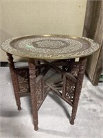 Side Table - Folding Carved Wood & Inlay Base with