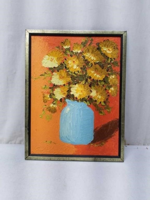 Retro Yellow Flowers Blue Jar Artist Oil Painting