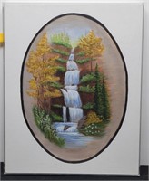 Oval Print of Cascading Waterfall and Trees