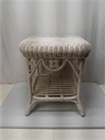 Vintage White Painted Wicker Patio Side Table
