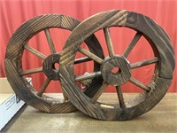 Decorative 12” diameter wooden wagon wheels.