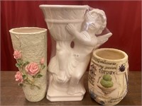 Three garden vases. Angelic vase is about 11”.
