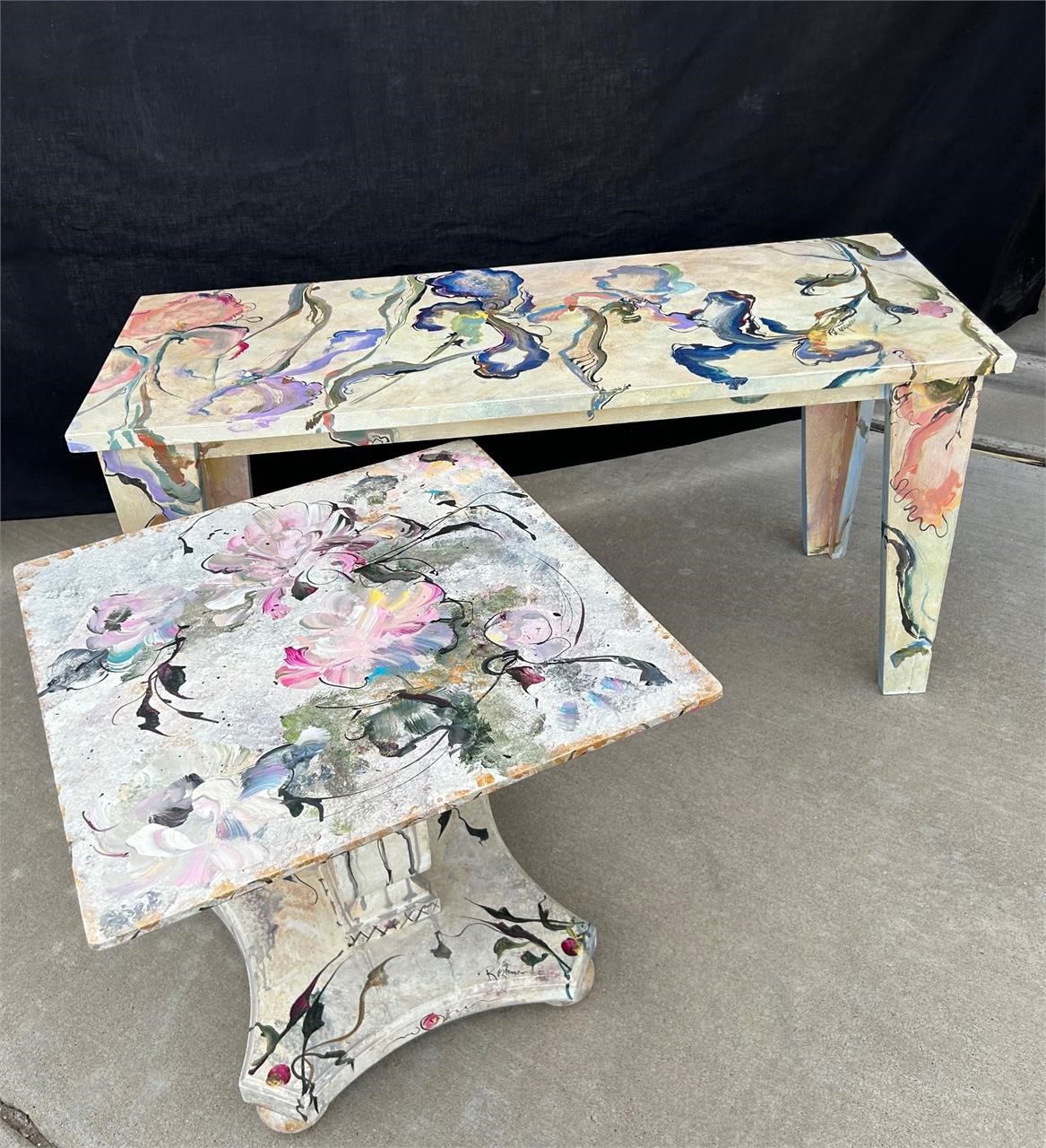 Floral / Abstract Signed Wood Bench + Side Table